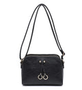 Black textured shoulder bag with a top zipper, double hanging loops with gold-tone rings, and a thin shoulder strap, shown on a plain white background.