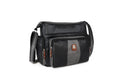 A black and gray faux leather messenger bag with multiple zippered pockets and a brown leather brand patch, shown on a white background.