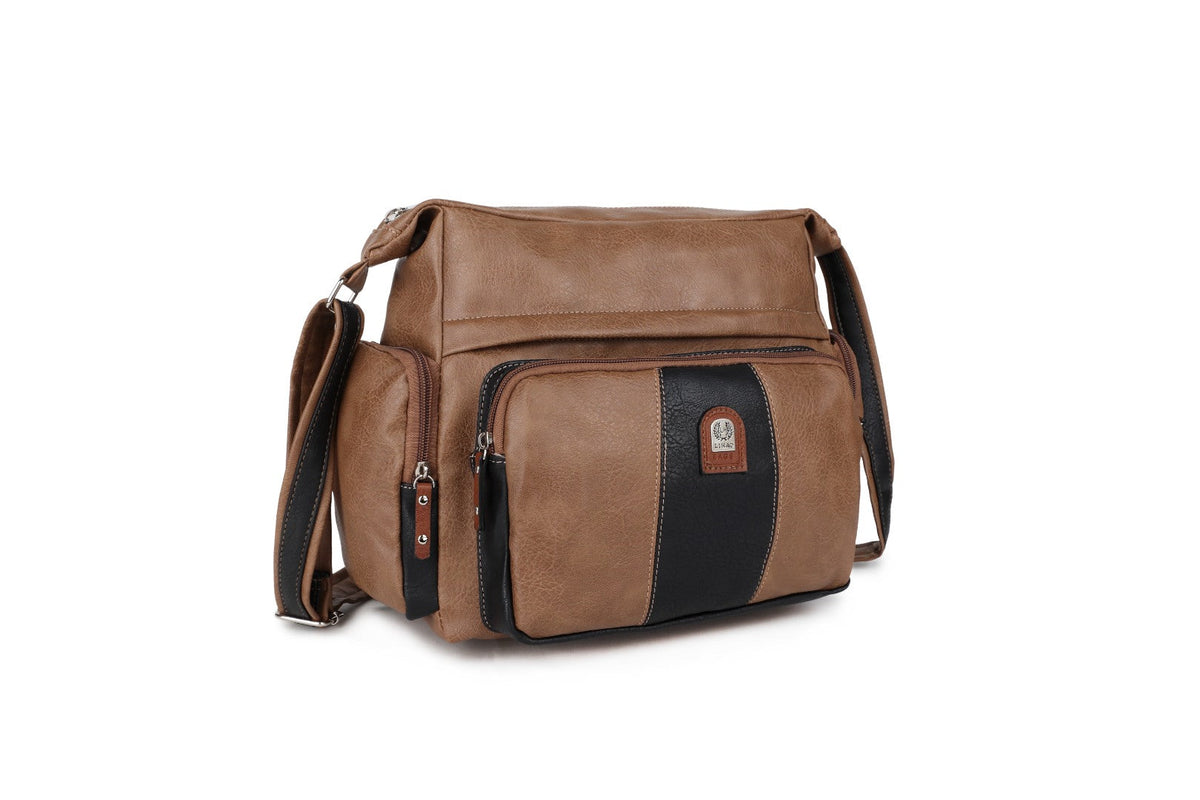 A brown faux-leather messenger bag with black leather accents and a small metal logo plaque, shown on a plain white background.