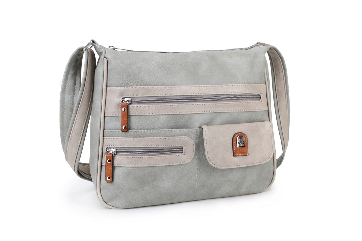 A light gray faux-leather shoulder bag with multiple zippered pockets and brown leather accents, shown on a plain white background.