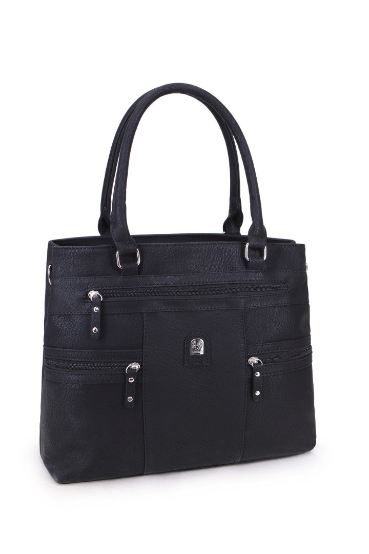 A black faux-leather tote bag with dual top handles, multiple front zippered pockets, and silver-tone hardware, shown against a plain white background.