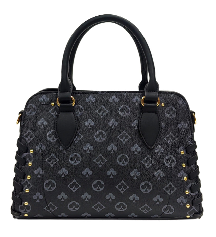 Front view of a black patterned grab bag with twin handles, gold-tone fittings and lace-up side details.