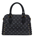 Front view of a black patterned grab bag with twin handles, gold-tone fittings and lace-up side details.