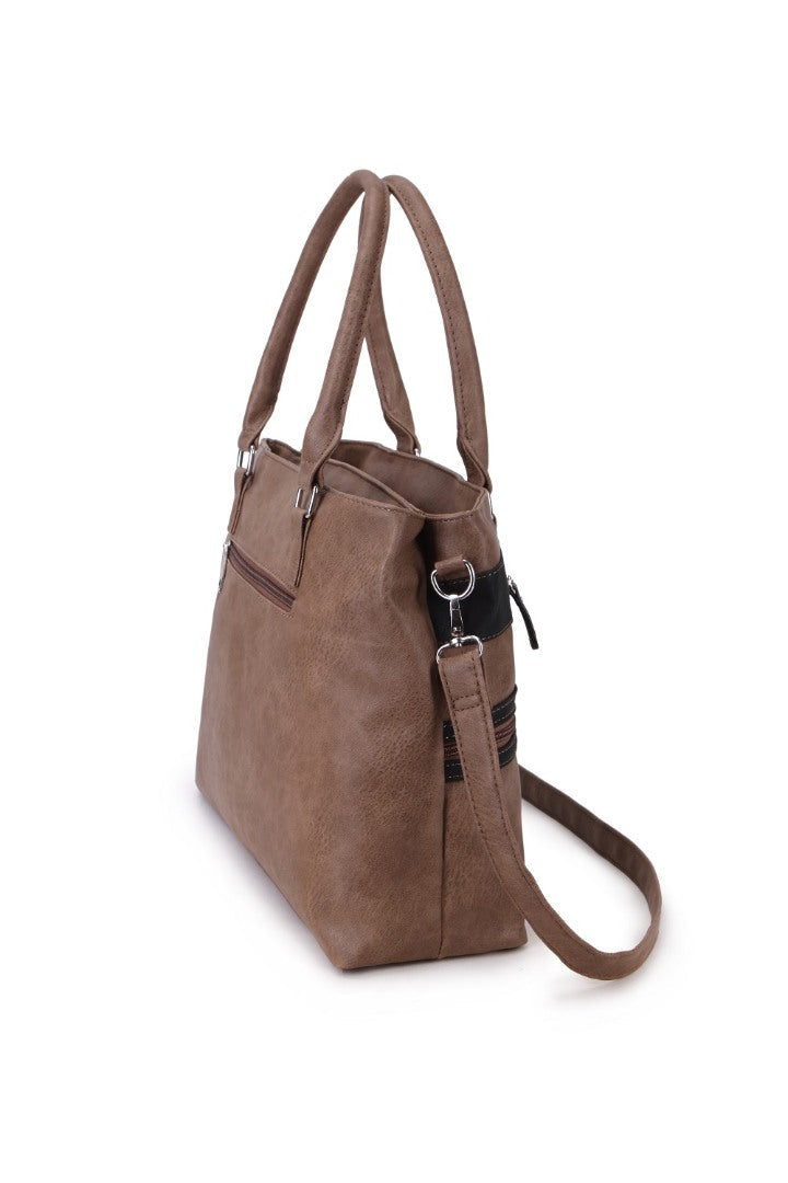 A brown faux-leather tote bag with dual top handles and a detachable shoulder strap, shown from a three-quarter angle on a white background.