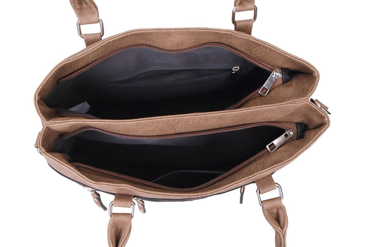 Open view of a brown faux-leather handbag showing its interior compartments, black lining, and silver-tone zipper pulls against a white background.