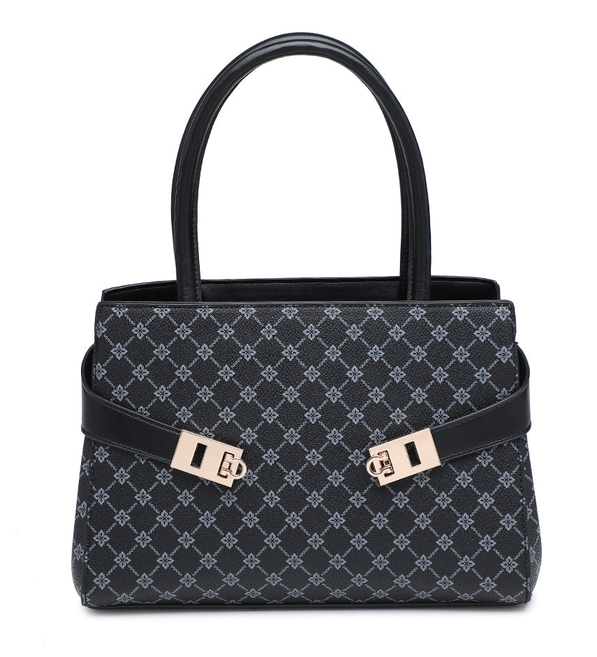 A structured black handbag with a repeating gray monogram pattern, featuring a black strap across the front with gold-tone hardware and dual top handles, set against a plain white background.