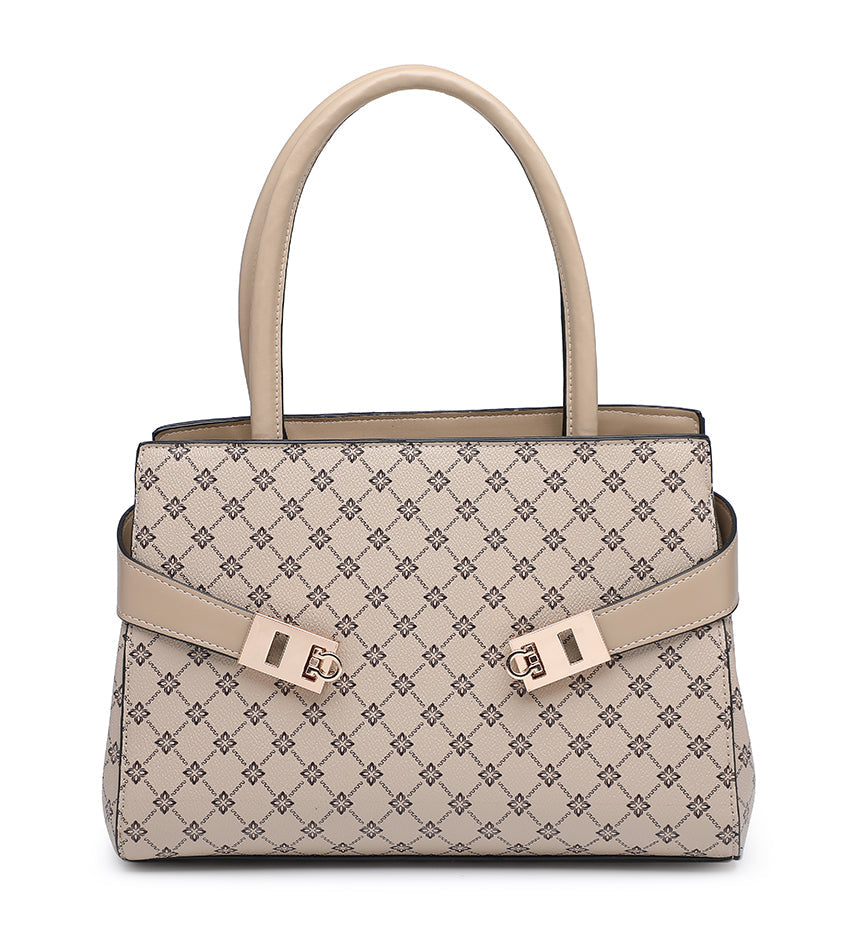 A structured top-handle handbag in beige and brown monogram pattern with a matching beige strap and rose gold-tone hardware, shown against a plain white background.