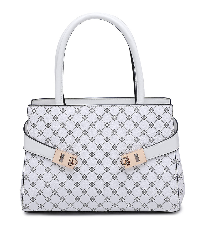 A structured white handbag with a repeating gray geometric monogram pattern, featuring dual top handles, a matching white front strap, and gold-tone hardware.