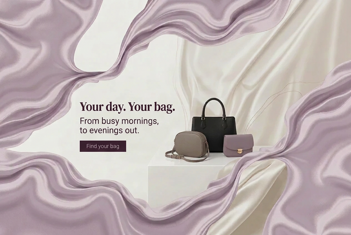 Three women's handbags in black, taupe, and dusty lavender are displayed on a white pedestal against a backdrop of draped satin fabric. The image features a stylized purple frame overlay with the text 'Your day.