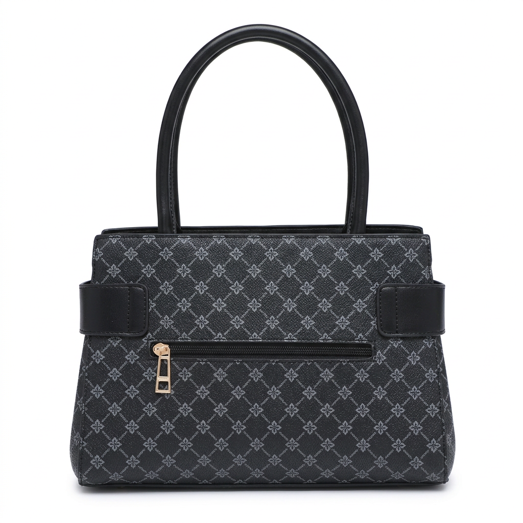 A structured black handbag with a gray monogram pattern, featuring a top handle, a front zippered pocket with a gold-tone zipper pull, and decorative side straps, shown against a plain white background.
