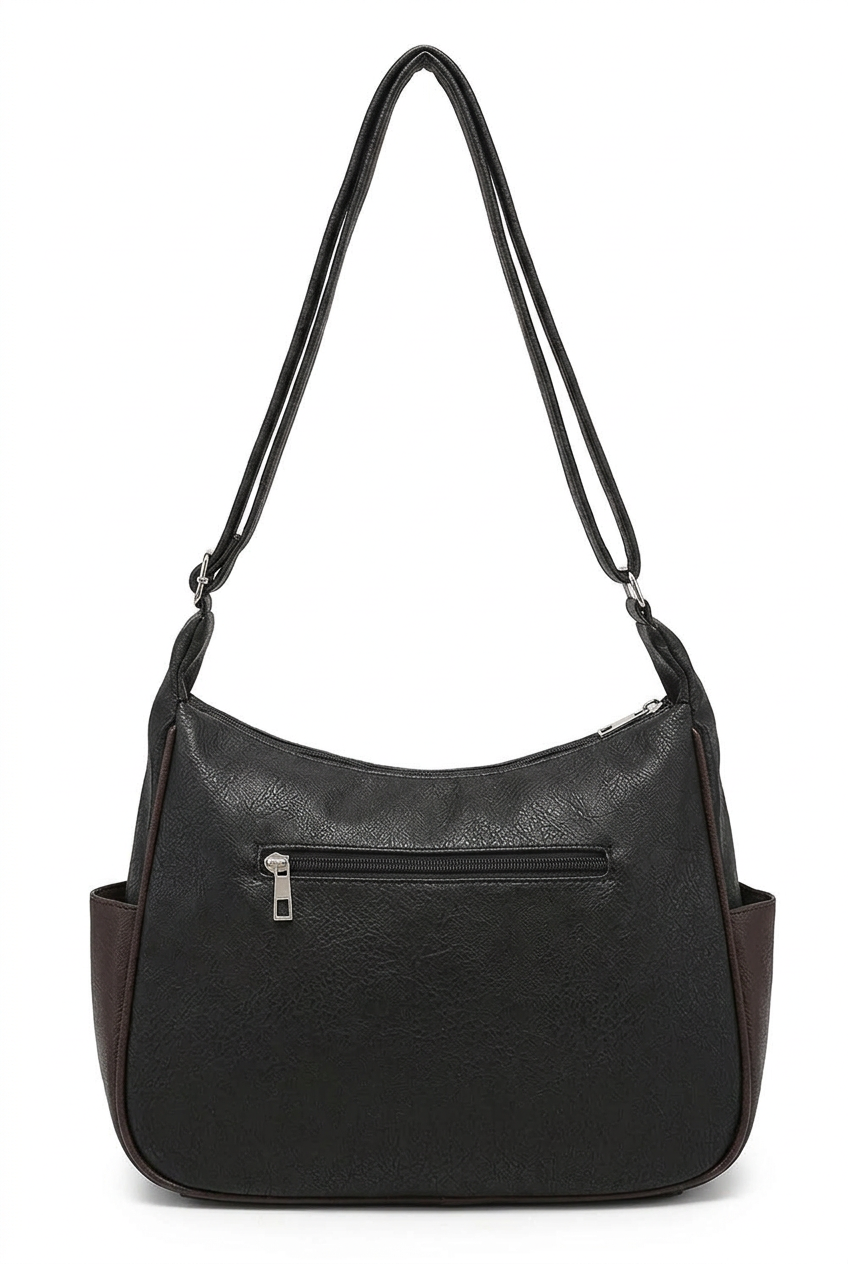 Black faux-leather shoulder bag with a front zippered pocket and side pockets, shown on a plain white background.