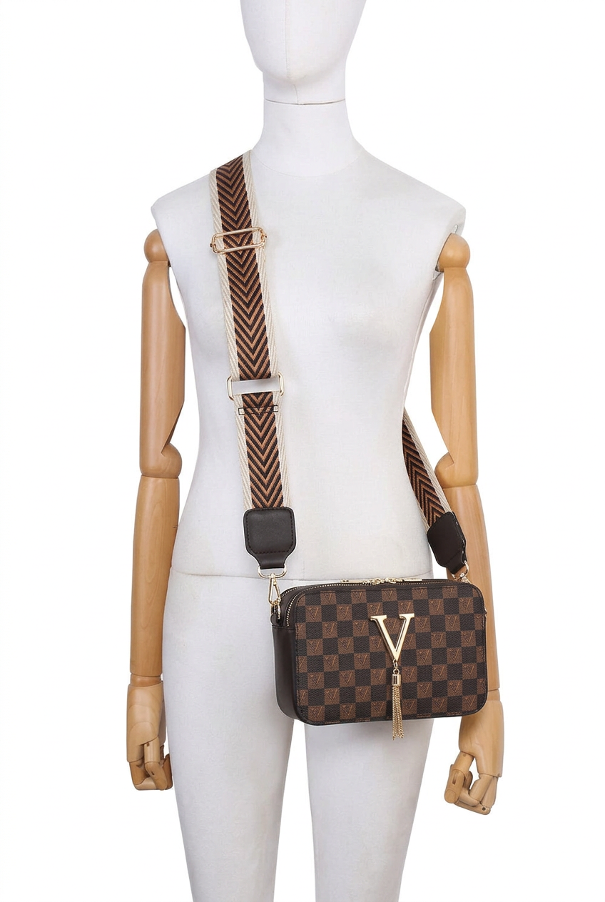 Coffee Checkered Crossbody Bag