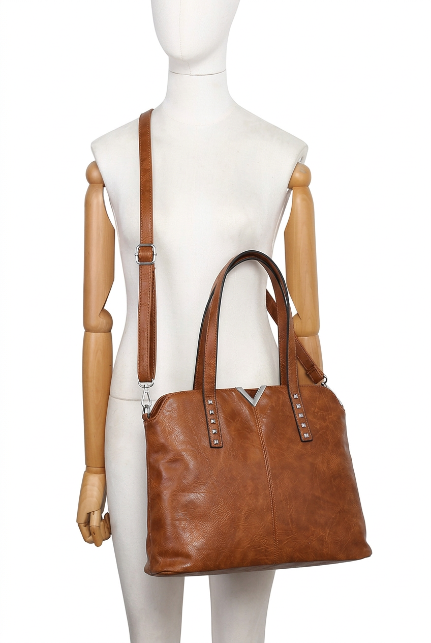 Studded V-Detail Shoulder Bag