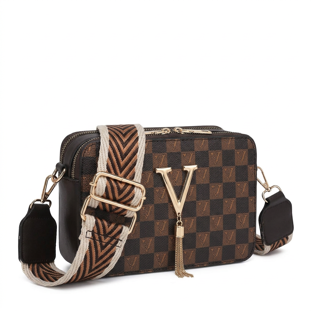 Coffee Checkered Crossbody Bag