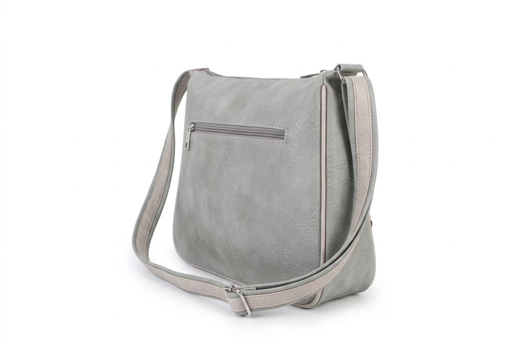 A light gray faux-leather shoulder bag with a front zippered pocket and a matching adjustable shoulder strap, shown on a plain white background.
