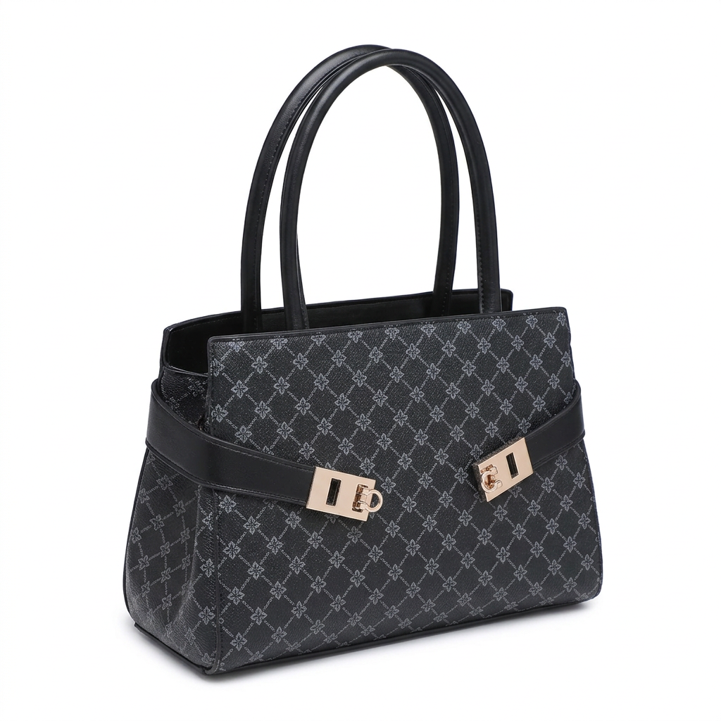 A structured black handbag with a repeating monogram pattern, featuring dual top handles, a front strap detail, and gold-tone hardware, shown on a plain white background.