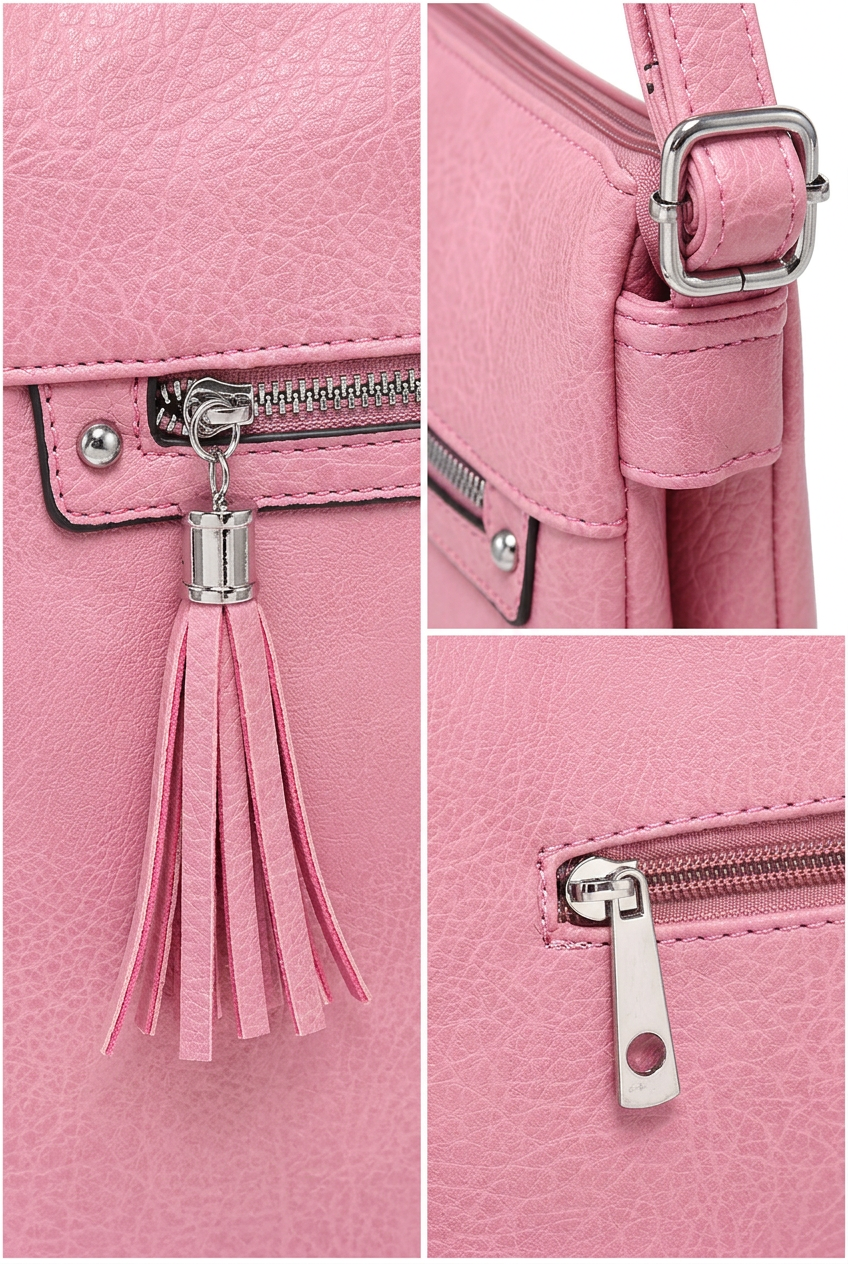Pink handbag shown in a three-panel close-up collage, featuring a front zip pocket with a matching tassel charm, side strap detail with silver-tone buckle, and a zipper pull detail.