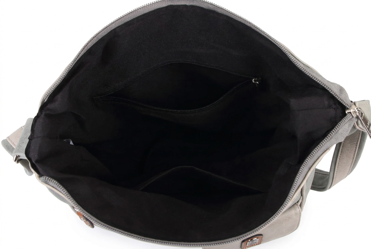 The interior of a gray shoulder bag with a black fabric lining, showing multiple compartments and zippered pockets, photographed against a white background.