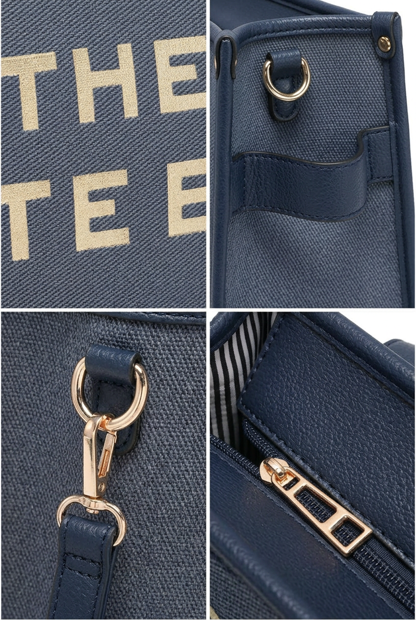 A four-panel close-up collage of a navy blue textured handbag, showing printed lettering, a side pocket with a gold-tone ring, a strap attachment, and a zipper detail.