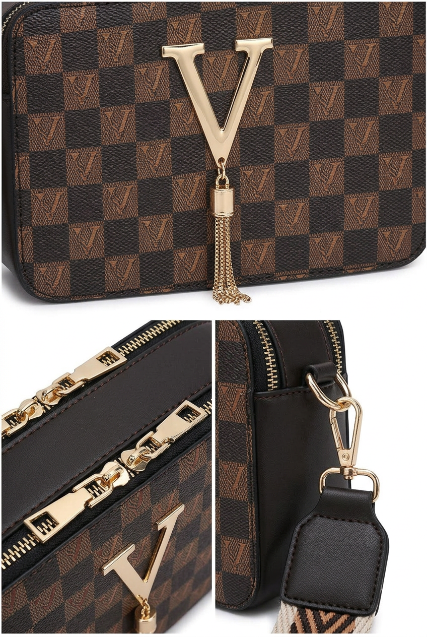 Coffee Checkered Crossbody Bag