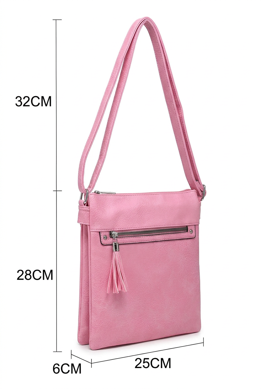 Pink crossbody bag with a front zip pocket and tassel detail, shown with dimension lines and measurements (32CM height, 28CM height, 6CM width, 25CM depth) on a white background.