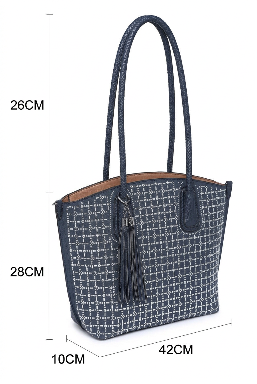 A navy blue tote bag with a white grid pattern, brown trim, and a dark blue tassel charm. The image includes dimension lines and text indicating the bag's measurements: 26cm height, 28cm depth, 10cm width, and 42cm height.