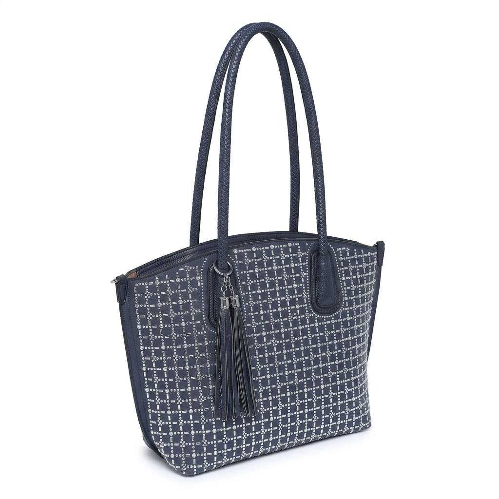 A navy blue tote bag with a white grid pattern on the front, featuring dark blue handles, a zipper closure, and a matching tassel charm, shown against a plain white background.