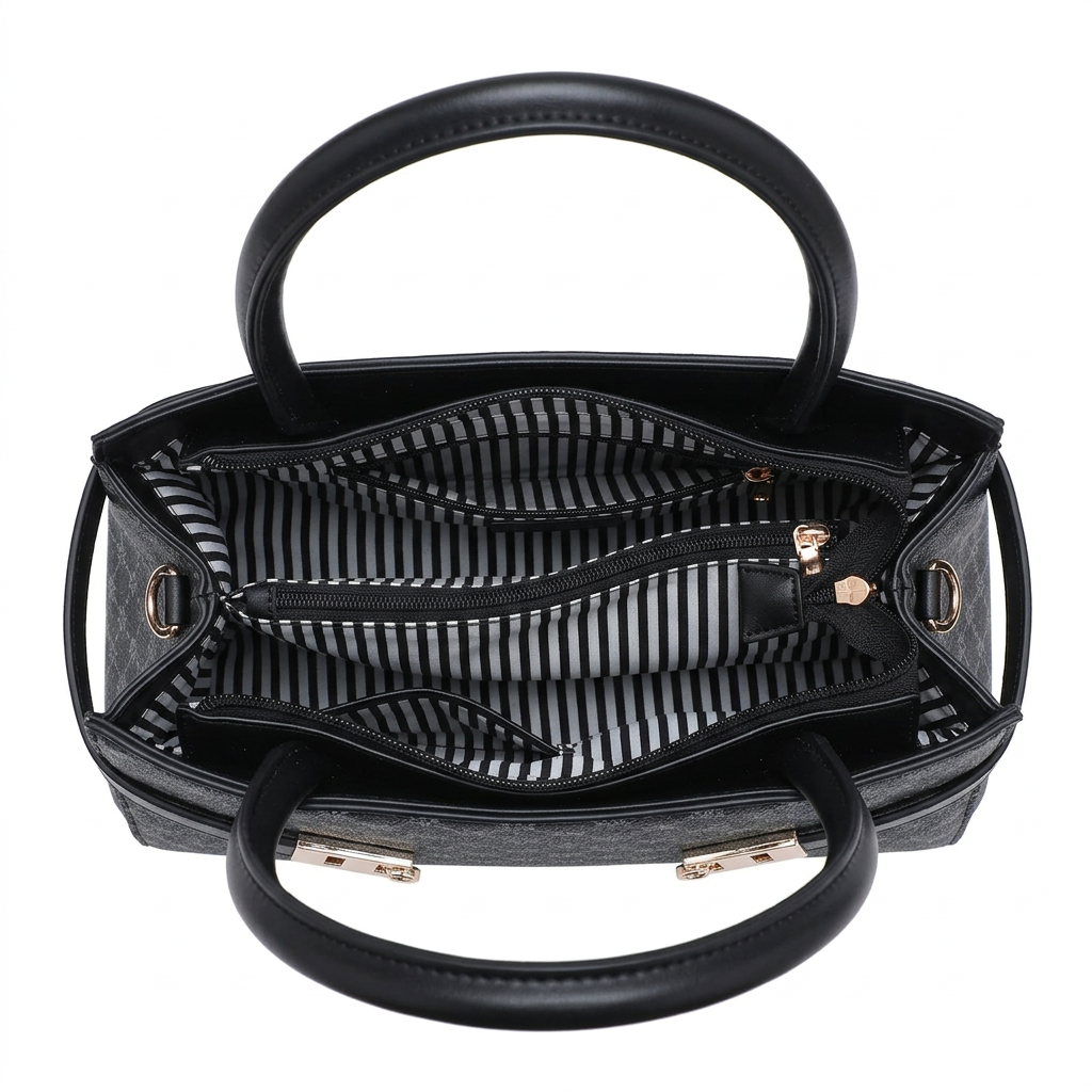 Black structured handbag with a striped interior lining, dual top handles, and gold-tone hardware, shown from a top-down view on a white background.