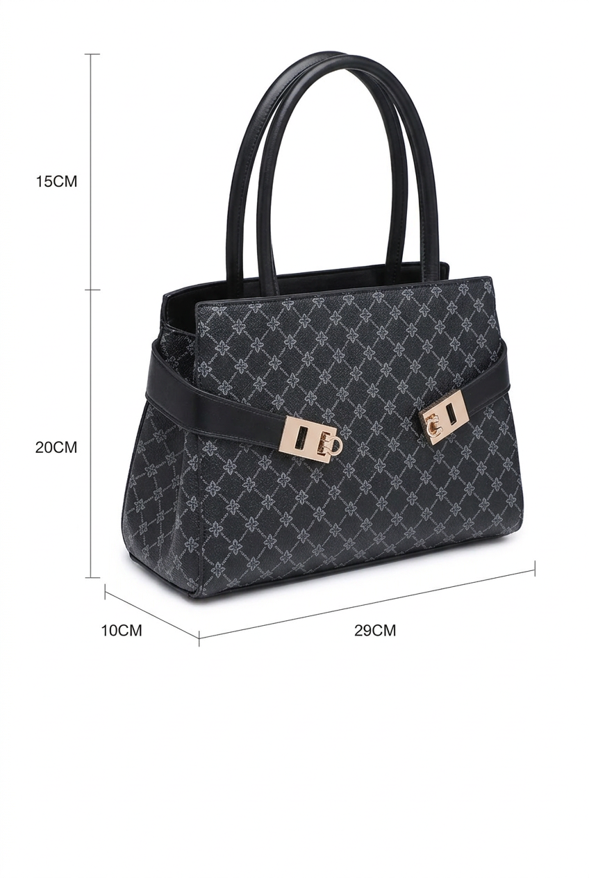 A structured black handbag with a tonal monogram pattern, black double shoulder straps, and gold-tone hardware, shown with dimension lines indicating measurements of 29cm width, 10cm depth, 20cm height, and 15cm handle height.