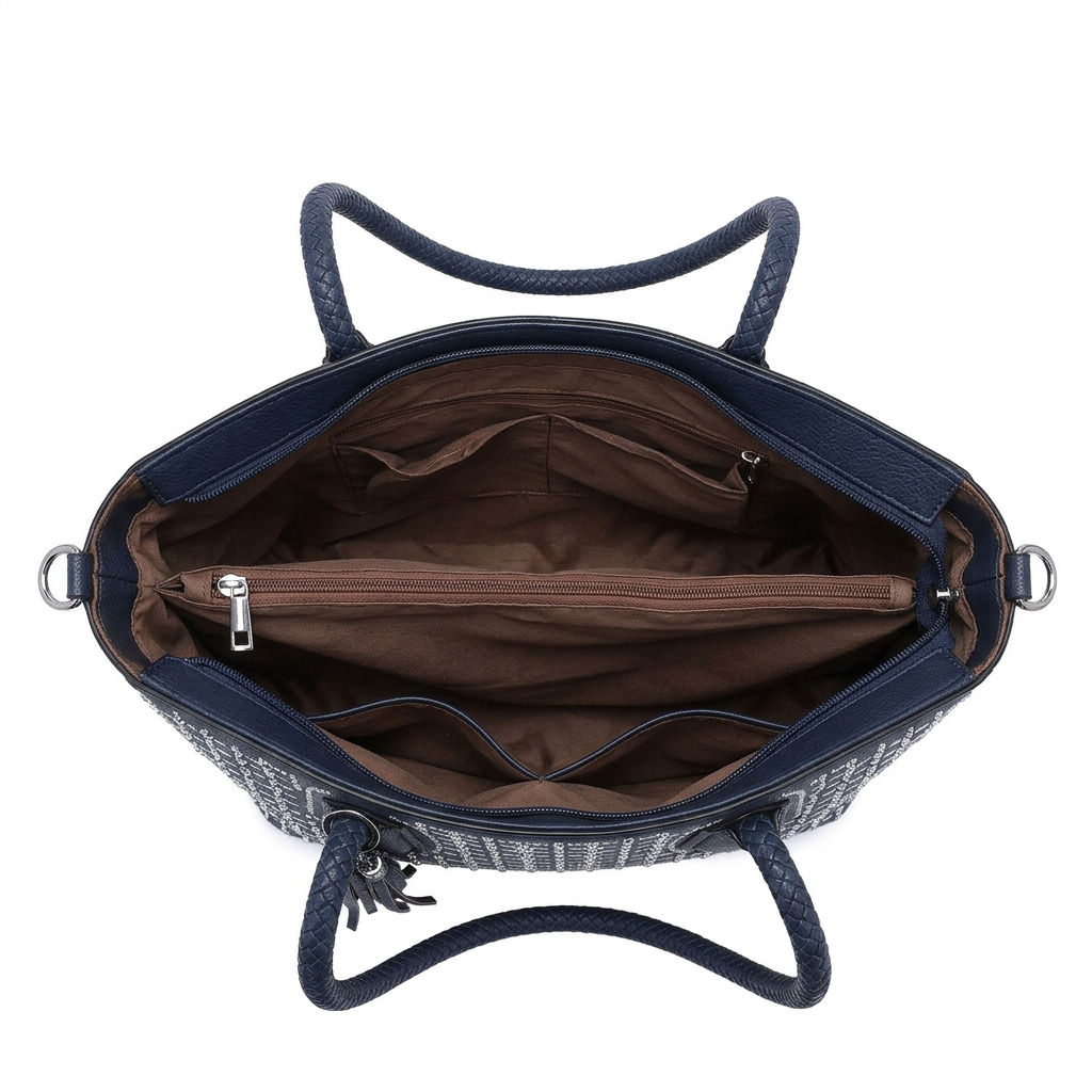 An open navy blue handbag with a brown interior, showing multiple compartments, a zippered pocket, and silver-tone hardware on a white background.