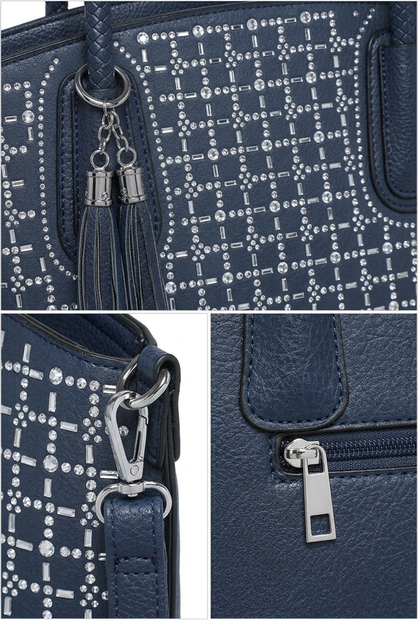 A navy blue textured handbag shown in a three-panel close-up collage, featuring a geometric pattern of silver rhinestones, a braided tassel zipper pull, and a silver metal zipper pull.