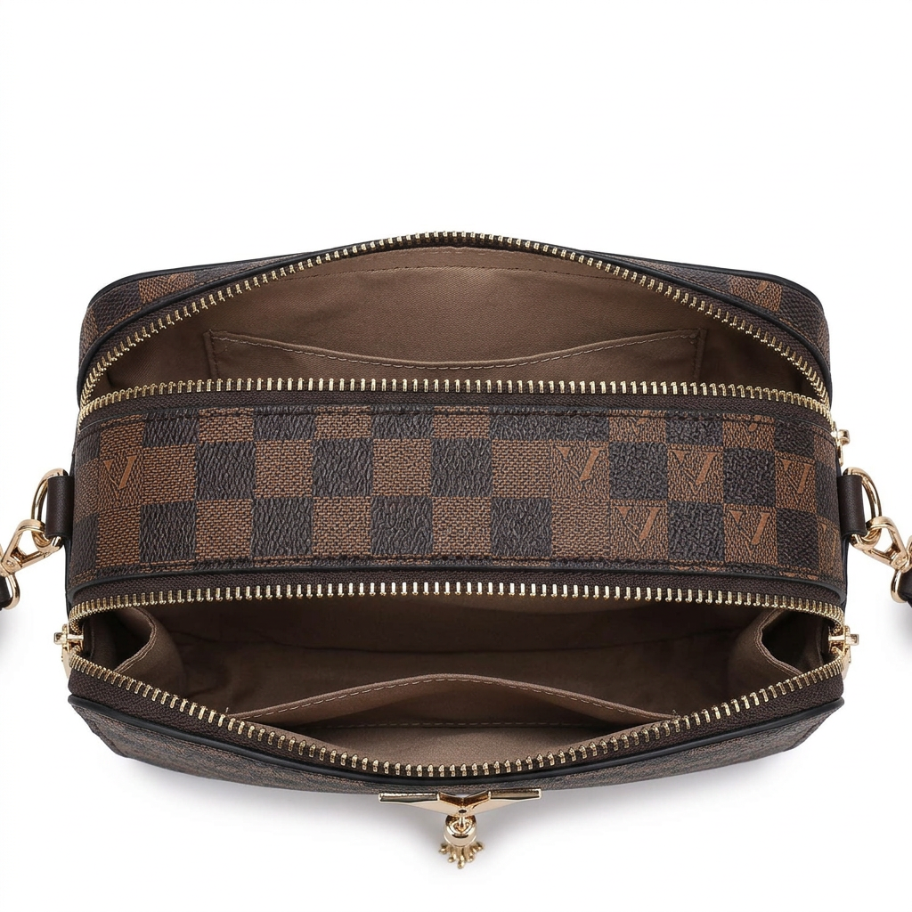 Coffee Checkered Crossbody Bag