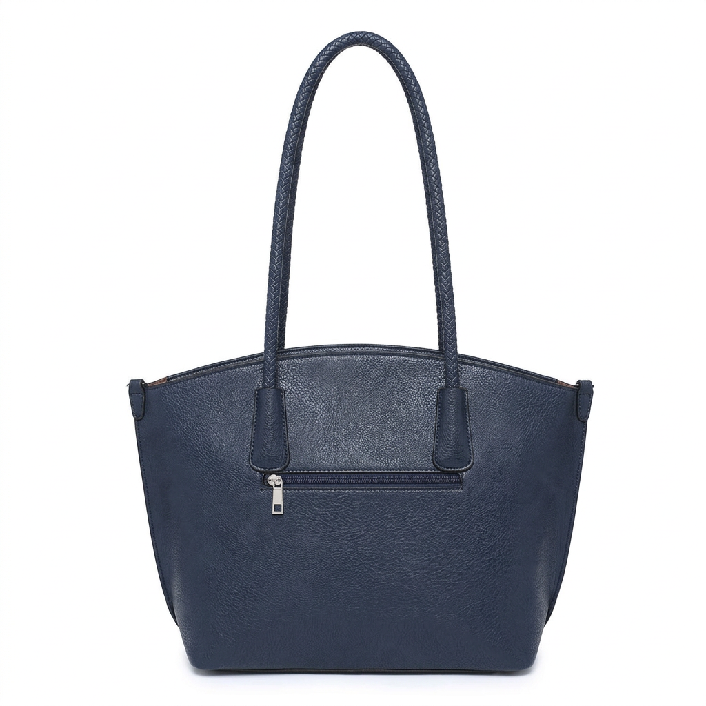A navy blue pebbled tote bag with two top handles and a front zippered pocket, shown against a plain white background.