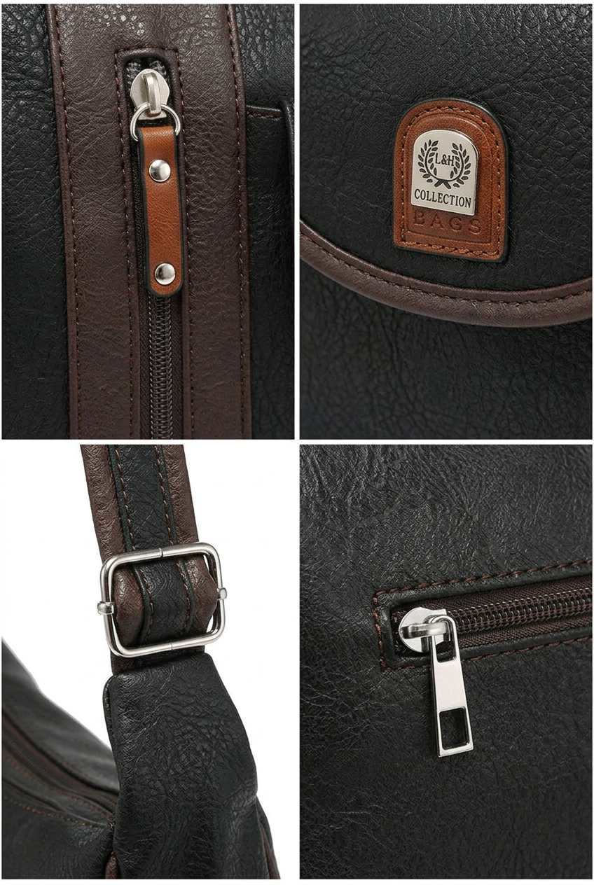 A four-panel close-up collage of a dark brown faux leather bag, showing the zipper with silver hardware, a brown brand patch reading COLLECTION, a strap with a silver buckle, and a zippered pocket detail.