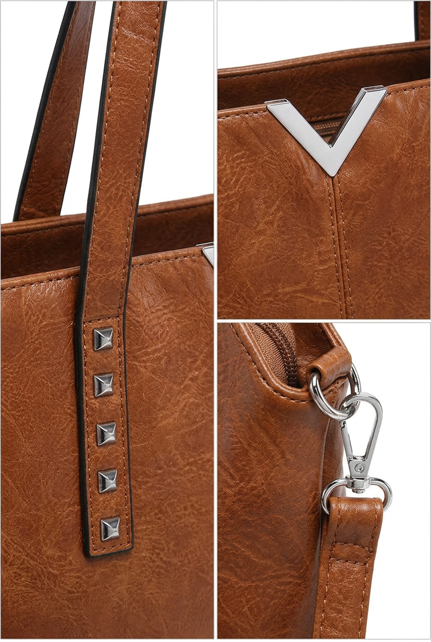 A brown tote bag shown in a three-panel close-up collage, highlighting the textured , silver-tone pyramid studs on the strap, and a silver V-shaped metal detail at the top.