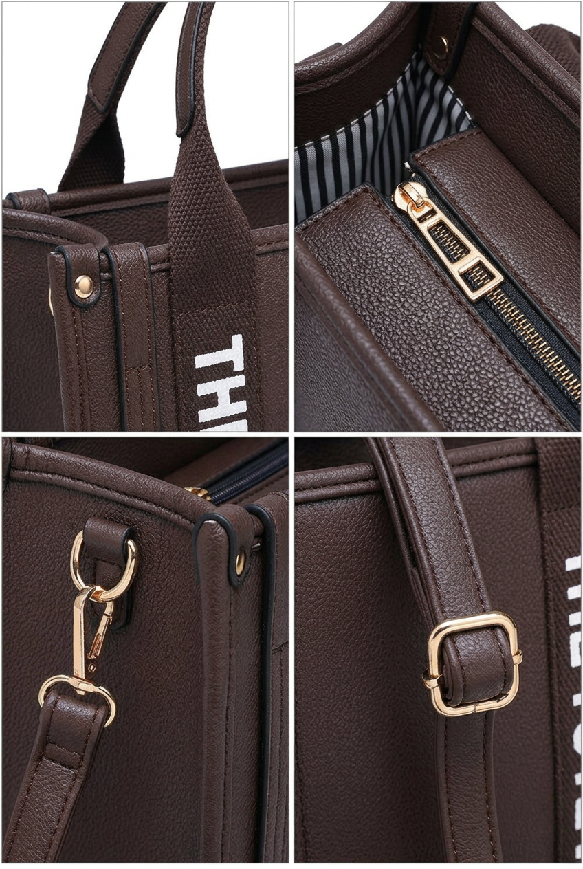 A four-panel close-up collage of a dark brown tote bag, showing the top handle, interior zip compartment with striped lining, hardware attachment, and a buckle detail.