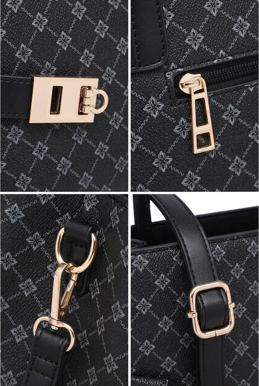 A four-panel close-up collage of a black handbag with an allover monogram pattern, showing gold-tone hardware details including a clasp, zipper pull, ring clip, and buckle.