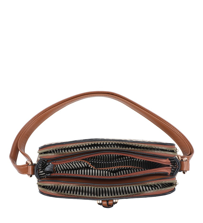 A brown shoulder bag shown open from the top, revealing multiple zippered compartments and striped interior lining, set against a plain white background.