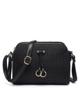 Black crossbody handbag with an embossed geometric monogram pattern, featuring a front zip closure, a detachable shoulder strap, and gold-tone hardware including a double-ring charm.