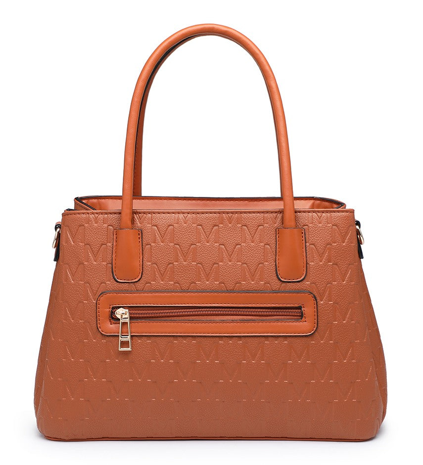 A structured tan handbag with a repeating embossed monogram pattern, dual top handles, and a front zippered pocket with a gold-tone zipper pull, shown on a plain white background.