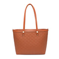 A structured brown tote bag with a textured monogram pattern, dual top handles, and gold-tone hardware, shown against a plain white background.