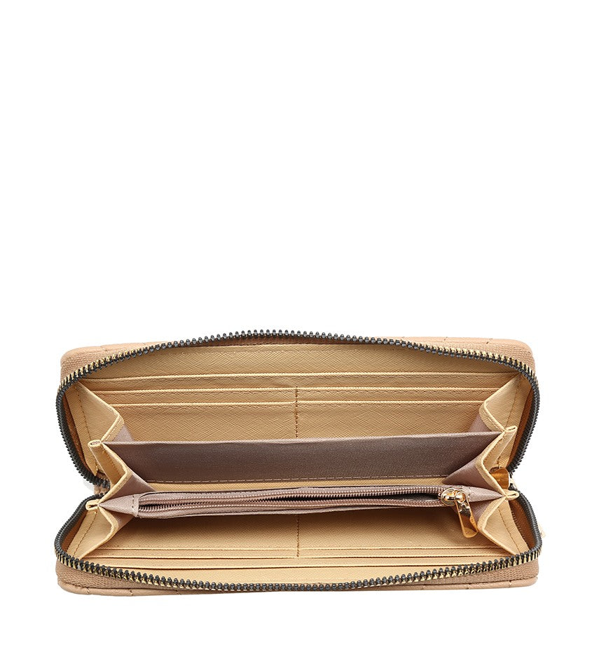 An open beige zip-around wallet with multiple card slots, a central slip pocket, and a gold-tone zipper pull, shown against a plain white background.