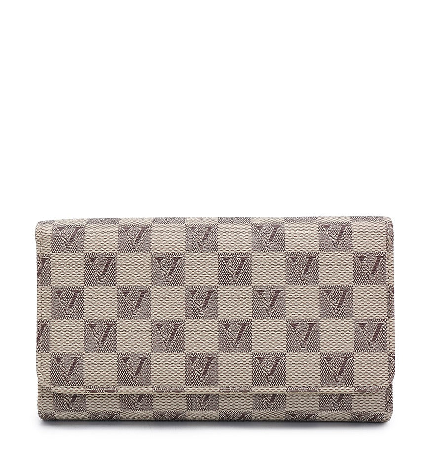 A wallet in the brand's classic Damier Azur checkered, featuring a beige and gray pattern with embossed V logos, shown against a plain white background.