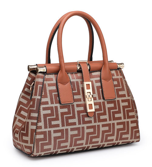 A structured handbag with a brown and beige geometric monogram pattern, tan handles and trim, and gold-tone hardware, shown on a plain white background.