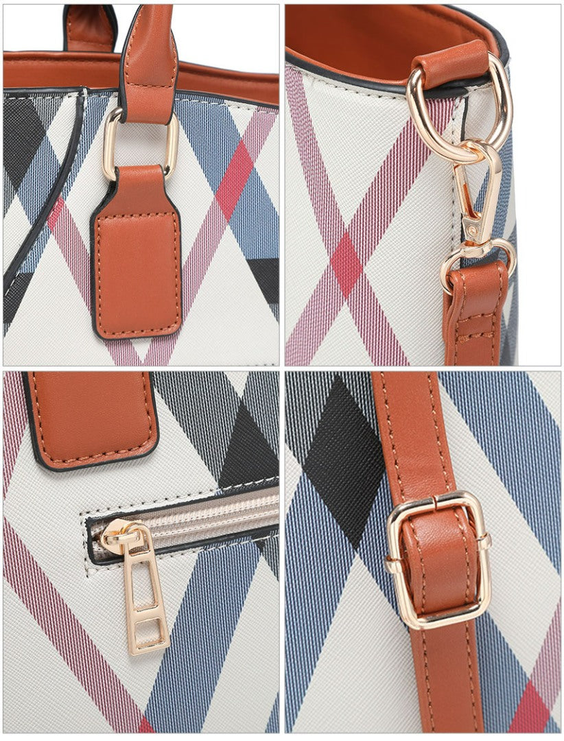 A four-panel close-up collage of a handbag showing details of its plaid pattern, tan trim, zipper, and buckle hardware.