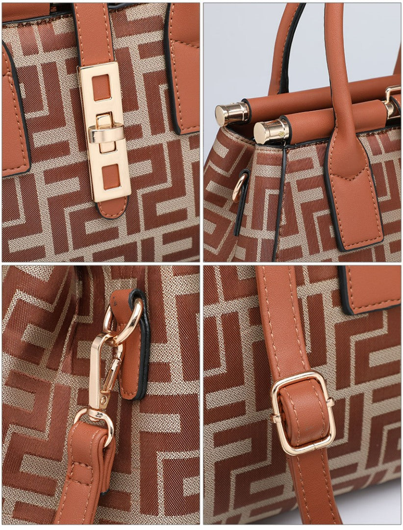 A four-panel close-up collage of a structured handbag showing the brown and beige geometric patterned fabric, tan trim, gold-tone hardware, top handles, and a detachable strap attachment.