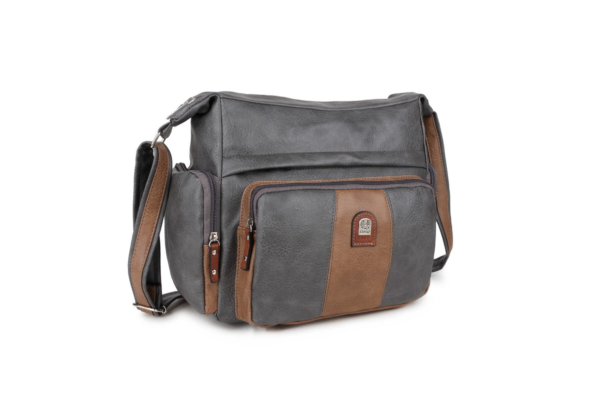 A dark gray and brown faux leather messenger bag with multiple zippered pockets and a shoulder strap, shown on a plain white background.
