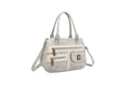 A light gray and beige faux-leather handbag with dual top handles, a detachable shoulder strap, and multiple zippered pockets, shown on a plain white background.