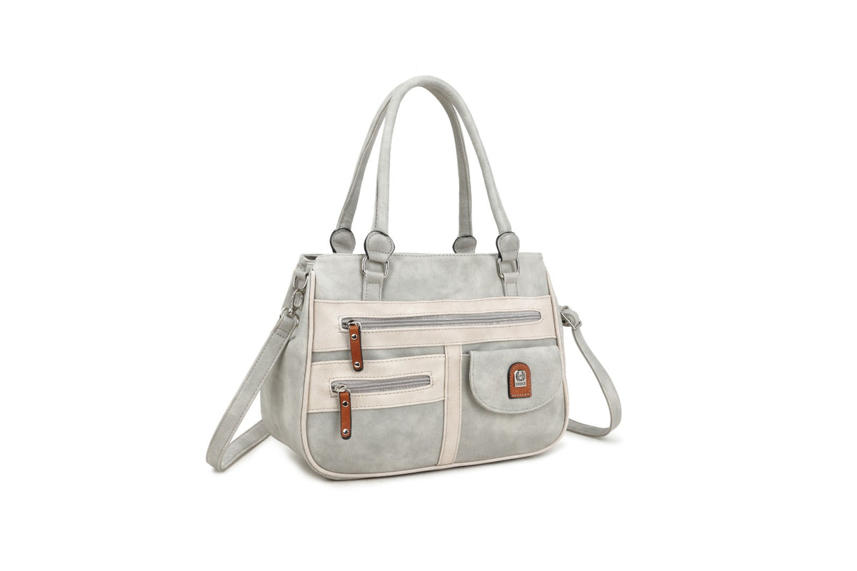 A light gray and beige faux-leather handbag with dual top handles, a detachable shoulder strap, and multiple zippered pockets, shown on a plain white background.