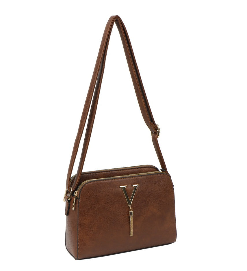 V-Detail Tassel Crossbody Bag
